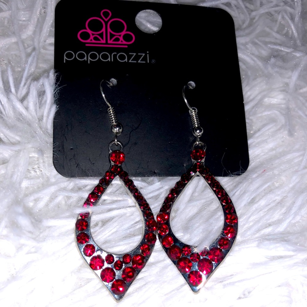 Silver fishhook earrings with ruby red jewels